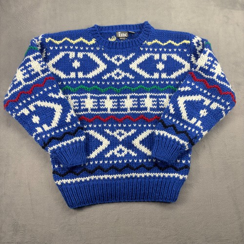VTG Fair Isle Sweater Women Med Blue Acrylic Wool Hand Knit Crewneck Heavy Fuzzy, $25.49