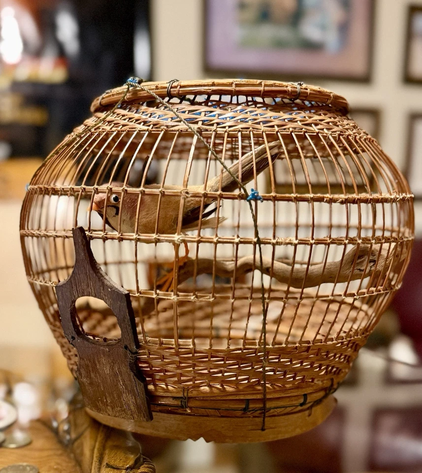 Jaula para pájaros de bambú tailandesa vintage🐲 ¡¡Envío gratuito!! Hecho a mano con pájaro en percha Foto 2 de 4