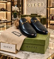 Gucci Princetown Black Leather Horsebit Fur Mule Loafers Box DustBag 37 US 6.5