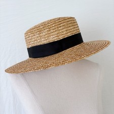 Lack Of Color Natural Straw Boater Hat Size Small 56cm Wide Brim Flat Black Band