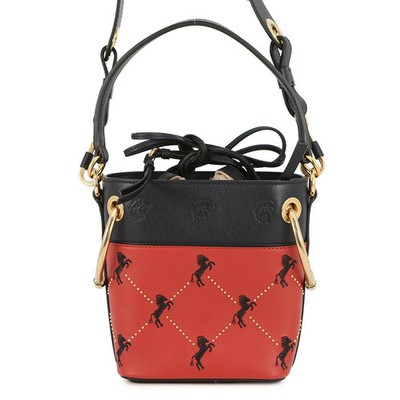 Chloe Leather Canvas Mini Bucket Bag Red Black Unisex Very Good