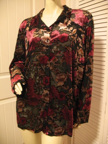 New Vintage Y2K 90s Laura Scott Velour Floral Sheer Top 18W Button Up Whimsigoth - Picture 6 of 12