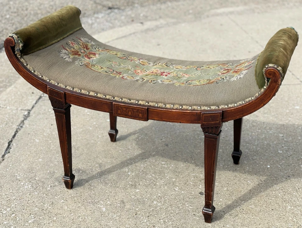 Raro 32" Antiguo Victoriano Floral Punta de Aguja Verde Incrustación Curvada Madera Banco Asiento Foto 2 de 4