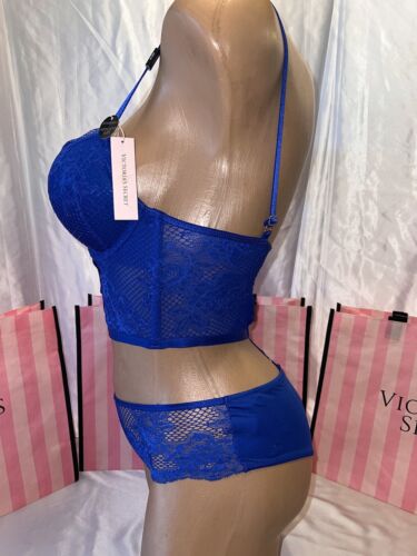 Victoria's Secret Bombshell Corset Bra Push Up Set Royal Blue 32A Small - Picture 2 of 4