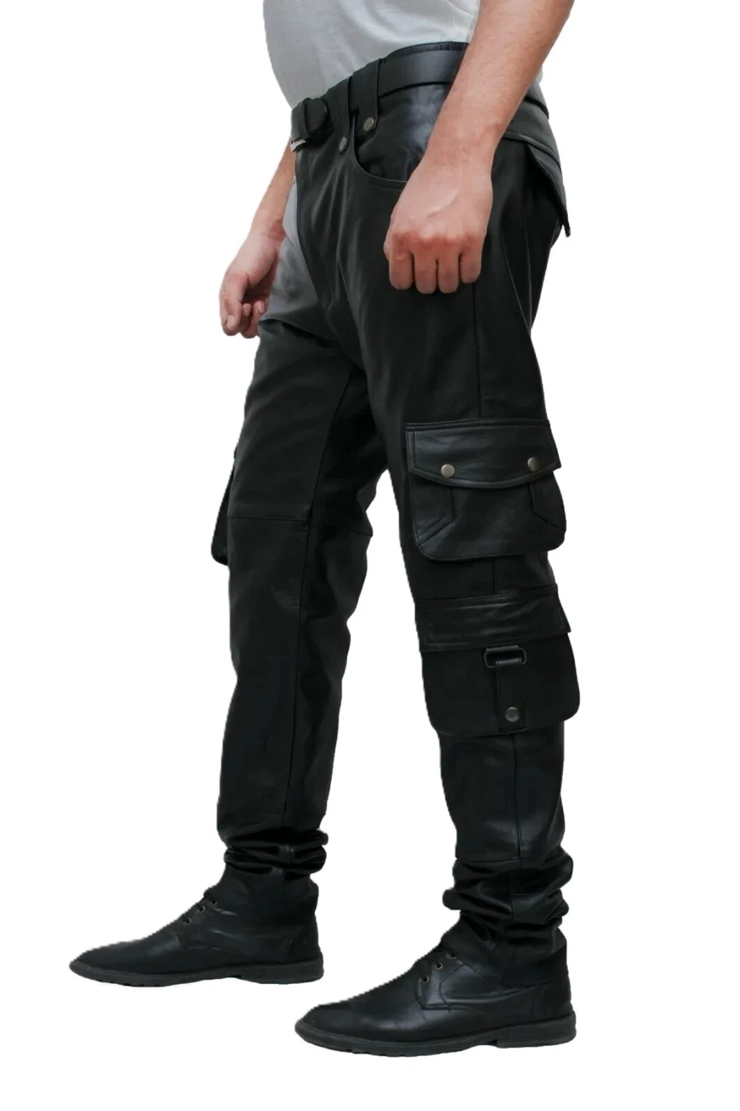Men's Real Lambskin Leather Black Bikers Pants With Cargo Pockets Bikers Pants