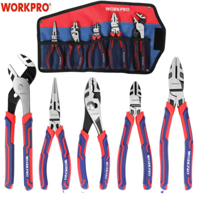 #ad WORKPRO 5 Pieces Pliers Set Premium Cr V Construction Linesman Pliers With Pouch $29.99