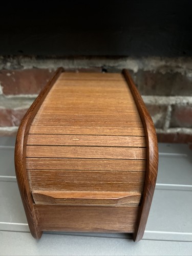 Vintage 80s Kalmar Teak Wood Rolltop Storage Box ~ Great Condition - Afbeelding 3 van 10