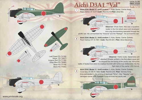 Print Scale 72-180 Decal für Flugzeug 1:72 Aichi D3A1 Val Waterslide Decals - Bild 19 von 24