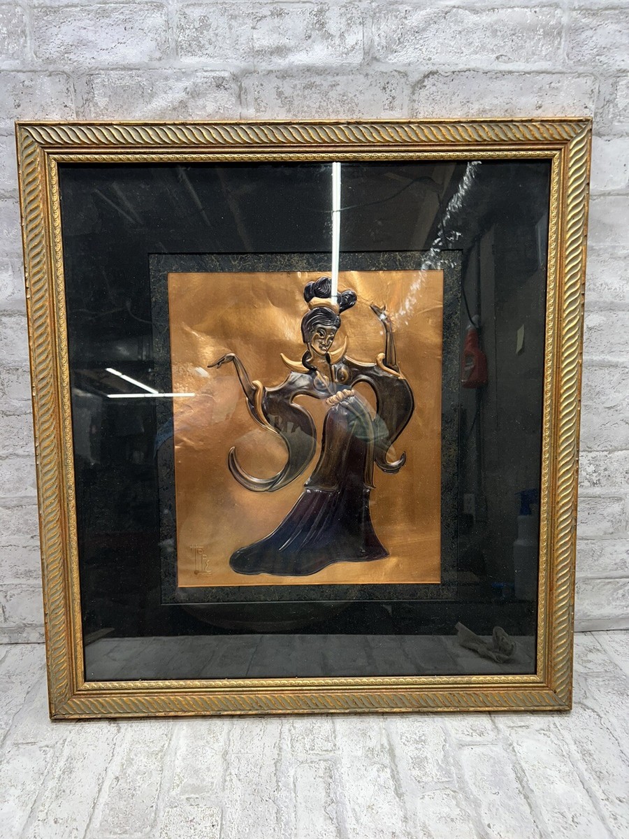 Rare Art Deco MCM Copper Art Asian Dancing Lady Wall Hanging