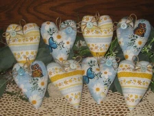 Cottage Decor 8 Assorted Hearts Tree Ornaments Butterfly Daisy Fabric Handmade
