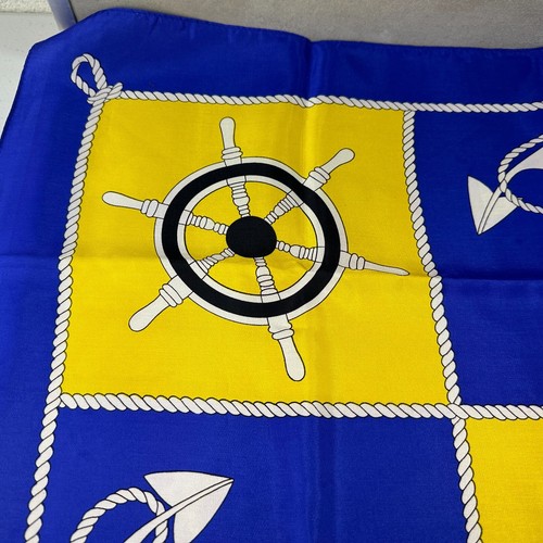 Vintage Nautical Scarf Japan Blue Yellow Anchor Rope Ship Steering Wheel Tiller - Picture 2 of 8