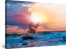 Ship on Colorful Ocean Painting 90x60cm Framed Premium Quality Wall Art Print