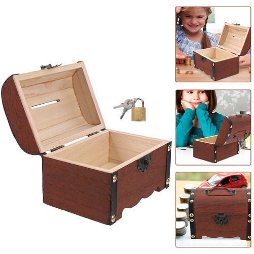 2 Count Retro Money Bank Child Lock Box Keepsake Boxes Wood Saving - Zdjęcie 3 z 12