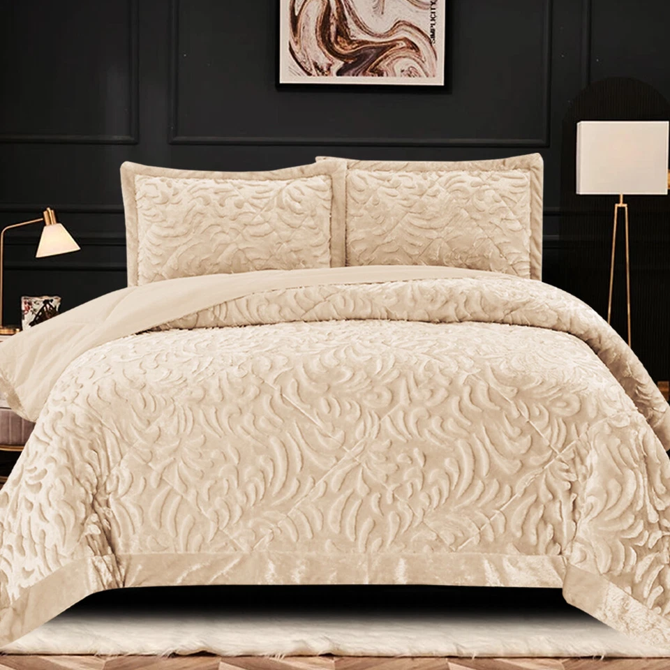 3 PCS Velvet Quilted Bedspread Throw & Pillow Shams Double King Size Bedding Set - Image 4 of 4