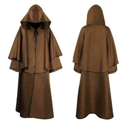 Mens Medieval Hooded Long Robe Cloak Monk Cosplay Costume Poncho Coat Halloween - Picture 17 of 25