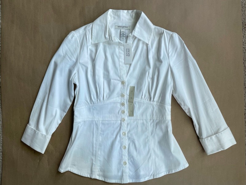 BANANA REPUBLIC White BLOUSE Size: 0 / EXTRA SMALL New SHIP FREE Stretch Cotton