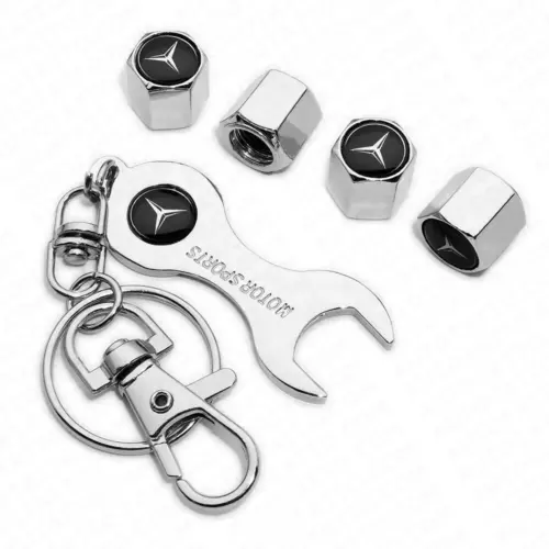 4pcs Hex Mercedes Car Tire Wheel Air Stem Dust Valve Caps Cover Wrench Keychain - Picture 2 of 2