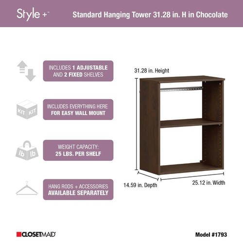 ClosetMaid Brown Wood Closet System Hanging Tower Scratch Resistant Adjustable - Picture 4 of 12