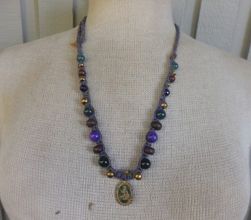 Buddhist Amulet Adjustable Hemp Necklace with Amethyst Moss Agate Gemstone Beads - Picture 7 of 9