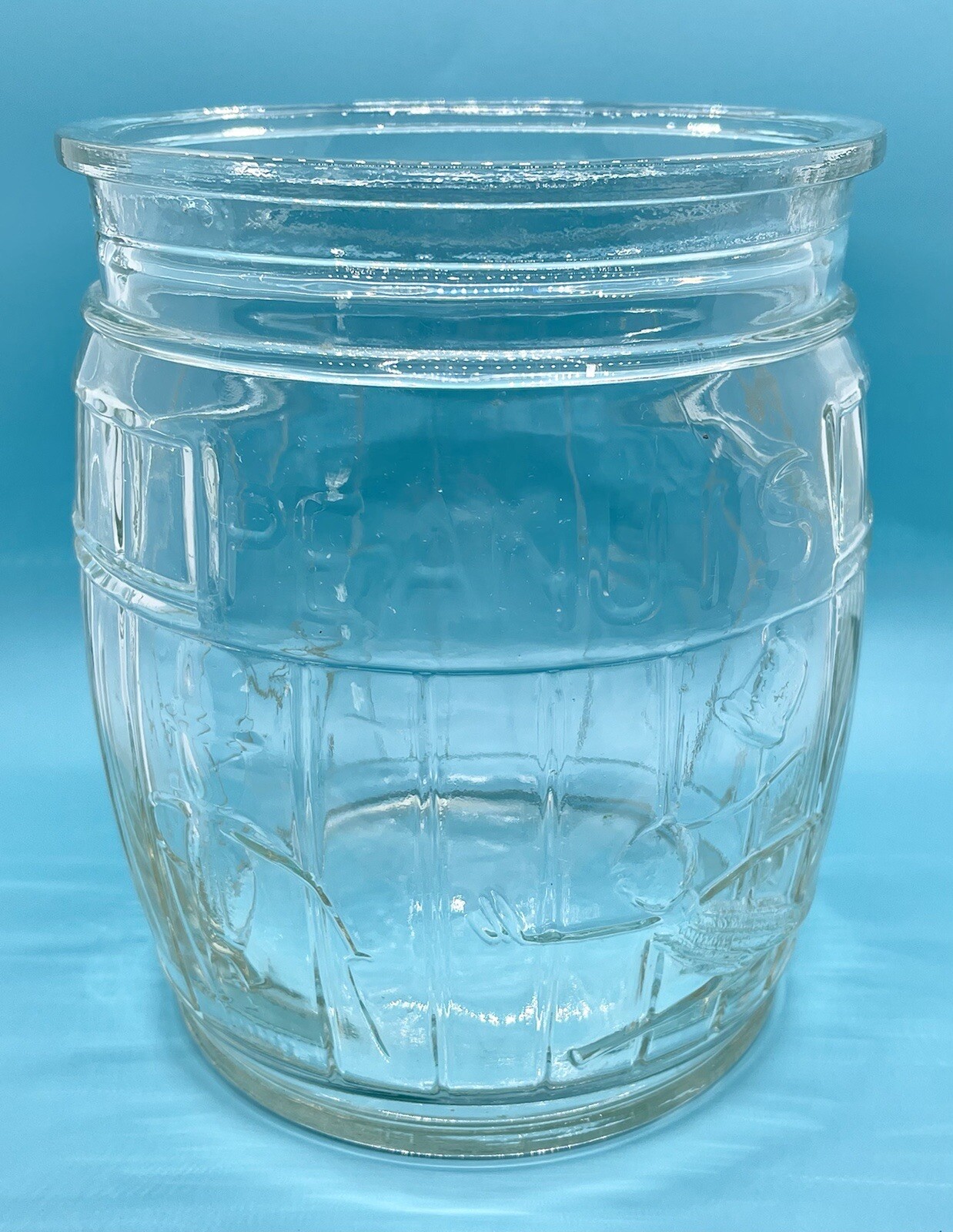 Reproduction Running Mr Peanut Glass Barrel Jar with Peanut Finial Lid