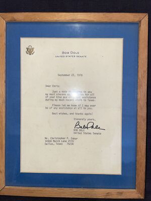 US Senator Bob Dole signed letter 1978 