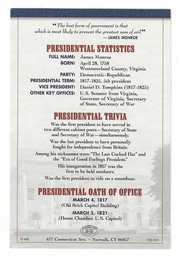 James Monroe Push Back President Pin Willabee & Ward & Information Card - Picture 3 of 3