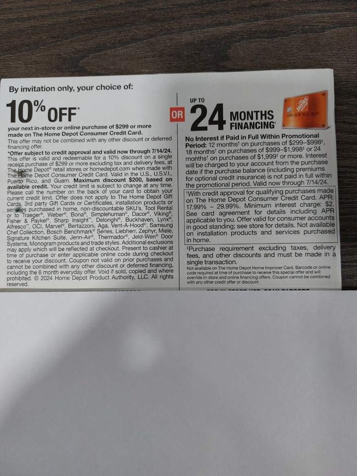Home Depot Coupon 10 off Coupon Or 24 Months/InStore or Online/7/14/24 eBay