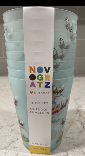 Novogratz 8 Pc Set Surfing White Frenchie Bulldog Plastic 16oz Tumblers NWT - Picture 6 of 6