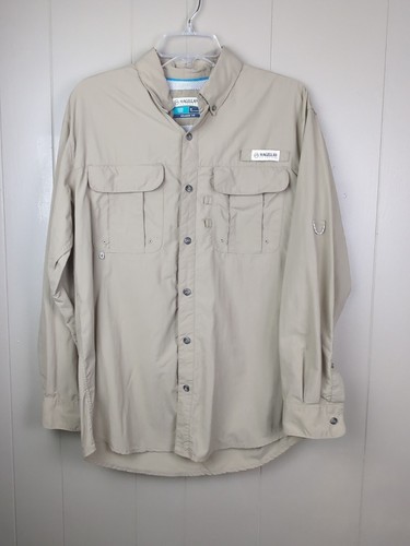 Magellan Men's Fish Gear Relaxed Fit Button Up Shirt Beige Size Small GUC