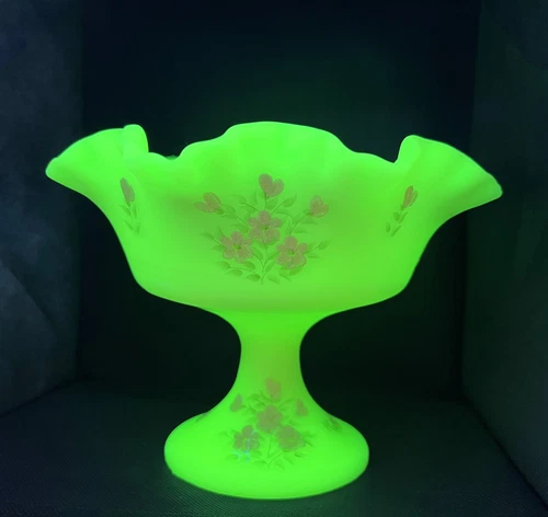 Fenton Hand Painted Custard Glass Compote - Dogwood Pattern - Uranium GLOWS!!