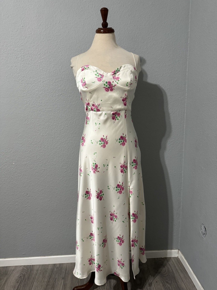 Zara Sweetheart Neckline Floral Print Satin Effect MIDI