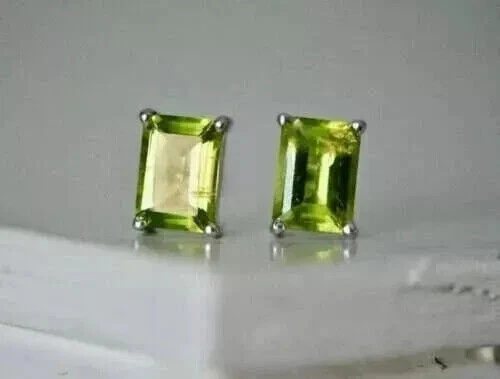 Solitaire Earrings 3.20Ct Created Peridot Emerald Cut Stud 14K White Gold Finish - Image 2 of 2
