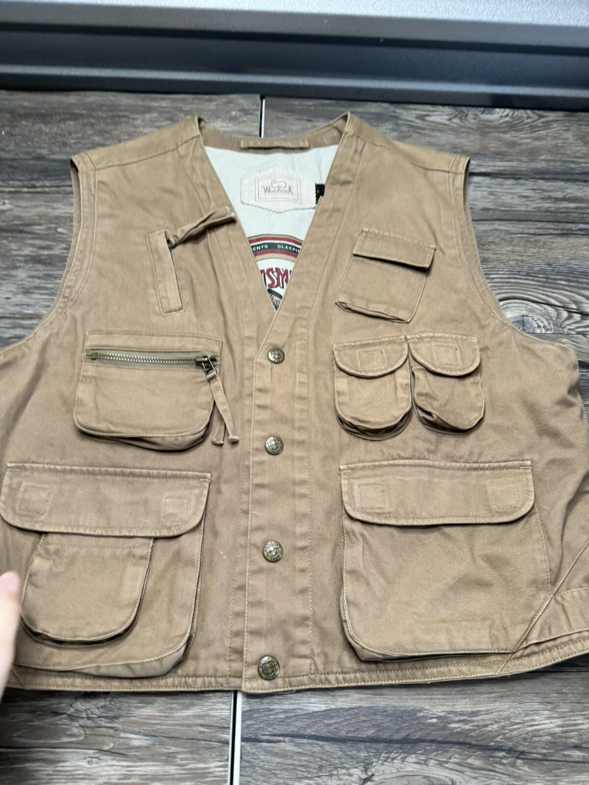 Vintage Woolrich Vest Mens Large Brown Hiking Fishing Cargo Pockets