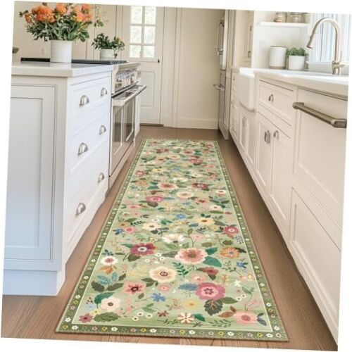 Washable Area Rug, Runner Rug, Round Rug, Non Slip Boho Floral 2x8 Lightgreen