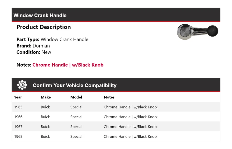 Manivela de ventana Buick Special Dorman 1965-1968 1966 1967 Foto 2 de 4