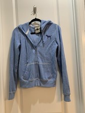 Victoria's Secret Pink Blue Full Zip Hoodie Long Sleeve Pockets Back Logo Small