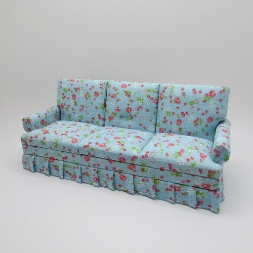 Dollhouse Miniature Complete Living Room Set 5 Pcs in Floral Blue Fabric T0099 - Picture 5 of 13