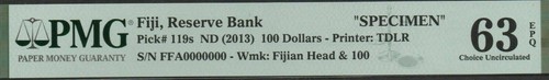 Fiji $100 ND. 2013 P 119s Specimen Series FFA Uncirculated Banknote - Picture 4 of 4