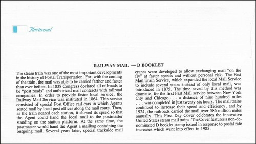 Railway Mail Steam Locomotive Mail Train Service D Booklet Stamp USA FDC 1985 - Picture 2 of 2