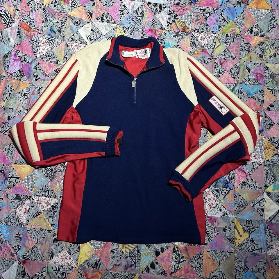 Vintage Spyder Padded Ski Sweater Pullover 100% Wool Size XL Navy Red White 80s - Image 2 of 4