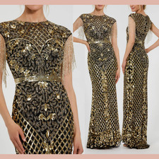 NWT Mac Duggal [ 4 ] 4908 High Neck Sleeveless Beaded Fringe Gown Gold J1889