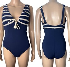 Robin Piccone Abi Navy Blue Stripe Plunging Cutout One Piece Swimsuit Size 8 NEW
