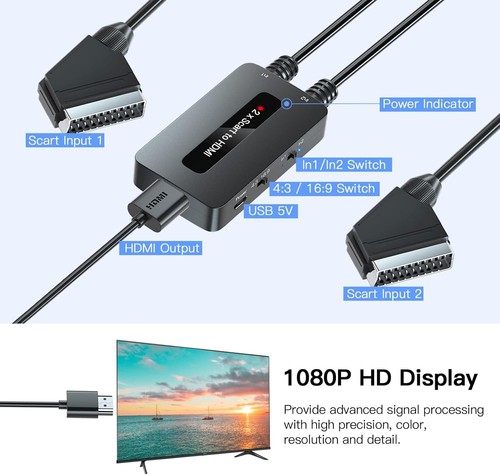 Convertidor Scart a HDMI de doble puerto - 2 entradas Scart, salida HDMI, admite 4:3 - Imagen 6 de 7
