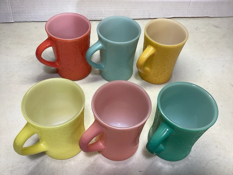 Set Of Six GLASBAKE Milk Glass Basket Weave J-2277 Mugs In Pastel Colors - Image 2 of 4