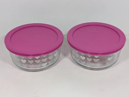 Pair Of Pyrex Pink Valentine Love White Heart 4 cup Storage Bowl With Lids