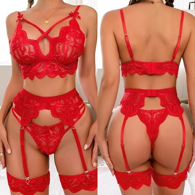 Sexy Dessous Set Damen 3-teilig Spitze BH Slip Strumpfhalter Reizwäsche - Bild 1 von 4