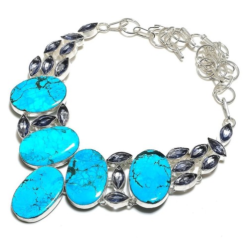 Tibetan Turquoise, Iolite Gemstone 925 Sterling Silver Jewelry Necklace 18" - Picture 3 of 3