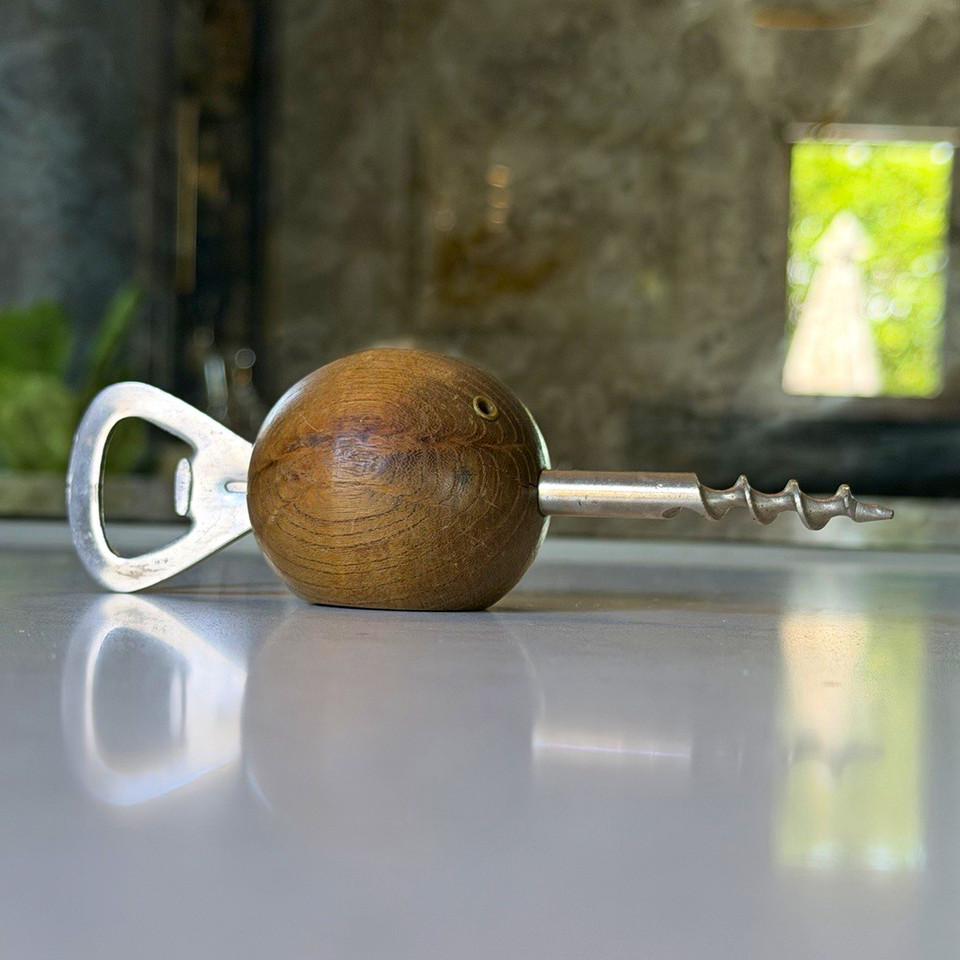 Vintage 1960s Teak Fish Corkscrew Bottle Opener Danish Modern MCM Barware 6”