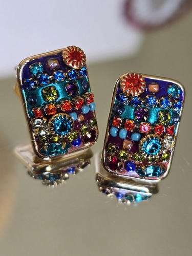 MICHAL GOLAN SIGNED MULTI COLOR RHINESTONE & DICHROIC GLASS CLIP ON EARRINGS