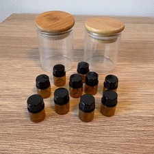10 Amber Glass Sample Vials Jars w/ Black Caps  2 Glass Bamboo Lid Storage Jars